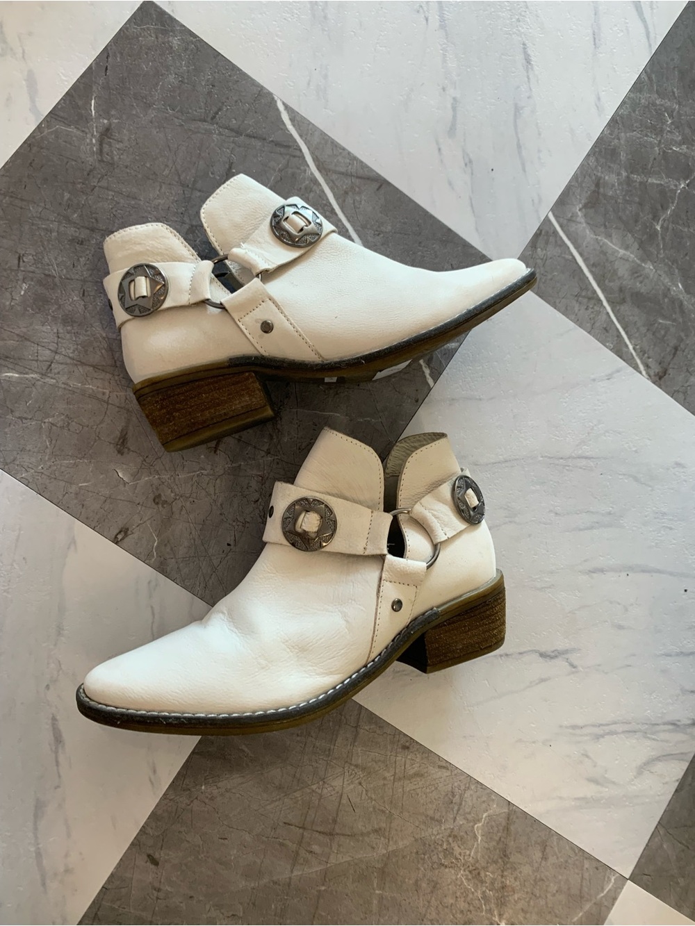 White Leather Ankle Harness Boots - Women's Stylish Cutout Booties
